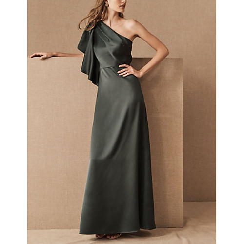

Sheath / Column One Shoulder Floor Length Satin Bridesmaid Dress with Ruffles
