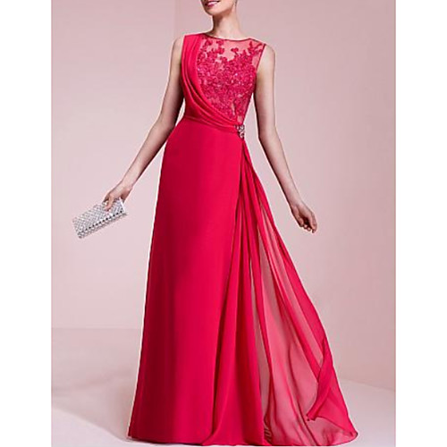 

A-Line Jewel Neck Floor Length Chiffon / Lace Beautiful Back Formal Evening Dress with Crystal Brooch / Lace Insert 2020