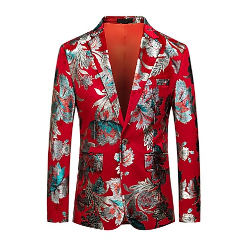 

Men's Blazer, Floral Notch Lapel Polyester Red