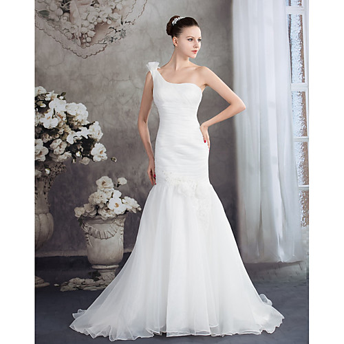 

Mermaid / Trumpet One Shoulder Court Train Organza Spaghetti Strap Made-To-Measure Wedding Dresses with Appliques / Ruched 2020