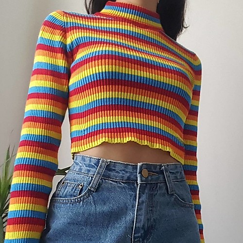 

Women's Striped Long Sleeve Pullover Sweater Jumper, Turtleneck Rainbow One-Size