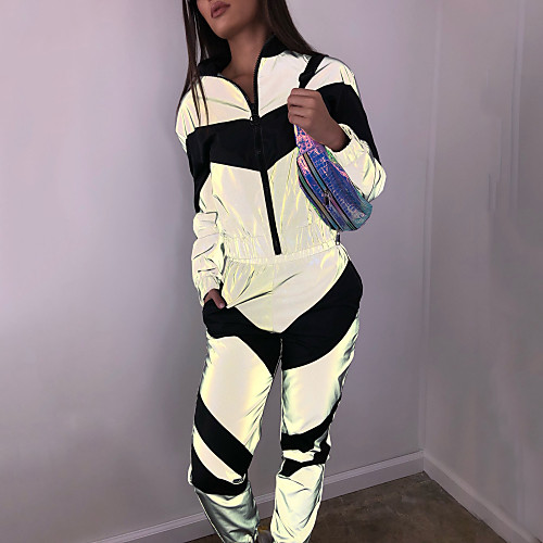 

Women's 2pcs Elastane Tracksuit Sweatsuit Patchwork Full Zip Stand Running Fitness Jogging Sportswear Reflective Windproof Breathable Soft Athletic Clothing Set Long Sleeve Activewear Micro-elastic