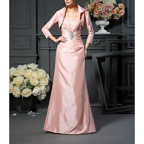 

A-Line / Two Piece Strapless Floor Length Taffeta 3/4 Length Sleeve Wrap Included Mother of the Bride Dress with Crystal Brooch / Ruching 2020