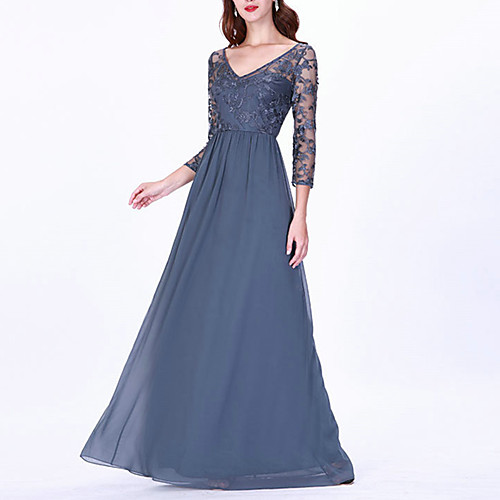 

A-Line V Neck Floor Length Polyester / Cotton Blend / Chiffon Celebrity Style Formal Evening Dress with Embroidery / Lace Insert by LAN TING Express / Illusion Sleeve