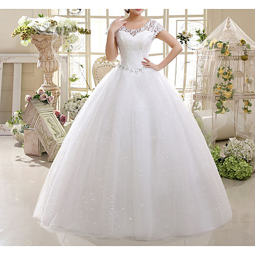 

A-Line Jewel Neck Floor Length Lace Short Sleeve Wedding Dresses with Lace Insert / Appliques 2020