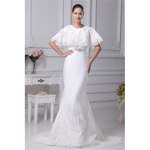 

Mermaid / Trumpet Jewel Neck Chapel Train Lace / Satin Short Sleeve Made-To-Measure Wedding Dresses with Beading / Appliques / Sashes / Ribbons 2020