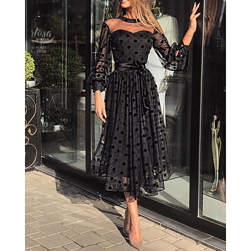 

Women's A Line Dress - Polka Dot Black S M L XL