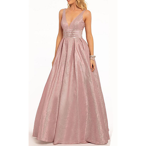 

A-Line Plunging Neck Floor Length Polyester Open Back Prom / Formal Evening Dress 2020 with Crystals / Pleats