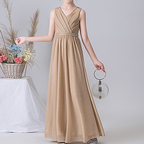 

A-Line V Neck Ankle Length POLY Junior Bridesmaid Dress with Ruching