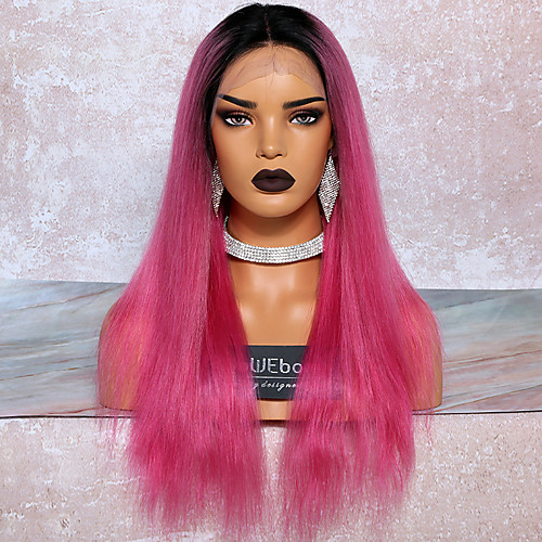 

Remy Human Hair Lace Front Wig Deep Parting style Brazilian Hair Straight Pink Wig 130% Density with Baby Hair Color Gradient Natural Hairline Women's Long Human Hair Lace Wig WoWEbony