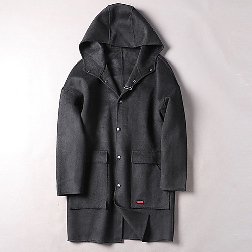 

Men's Daily Long Coat, Solid Colored Hooded Long Sleeve Polyester Black