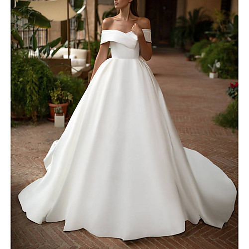 

A-Line Off Shoulder Court Train Satin Short Sleeve Plus Size Wedding Dresses with 2020