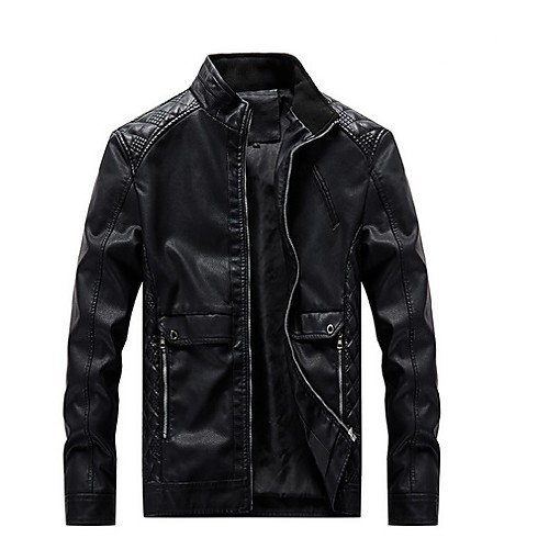 

Men's Daily Regular Leather Jacket, Solid Colored Stand Long Sleeve Polyester Black / Yellow