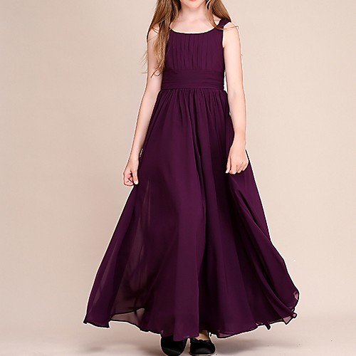 

A-Line Round Neck Ankle Length Chiffon Junior Bridesmaid Dress with Sash / Ribbon / Ruching
