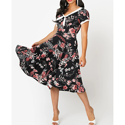 

Women's A Line Dress - Floral Black M L XL XXL