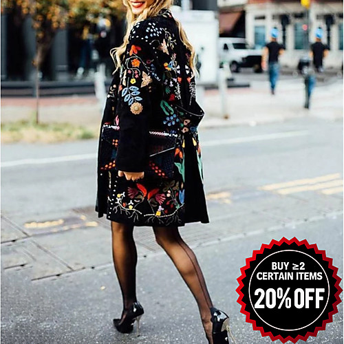 

Women's Daily Fall & Winter Regular Coat, Plants Collarless Long Sleeve Polyester Black