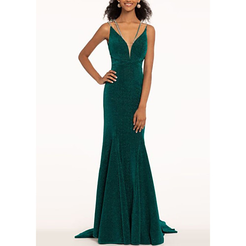 

Mermaid / Trumpet Spaghetti Strap Sweep / Brush Train Polyester Elegant Engagement / Formal Evening Dress 2020 with Crystals