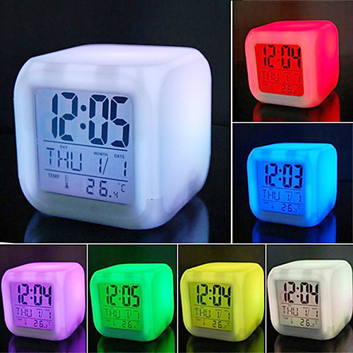 

LED Alarm Colock 7 Colors Changing Digital Desk Gadget Digital Alarm Thermometer Night Glowing Cube led Clock Home