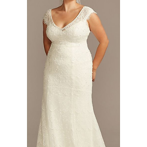 

Sheath / Column V Neck Floor Length Lace / Charmeuse Regular Straps Formal Plus Size Made-To-Measure Wedding Dresses with Draping 2020