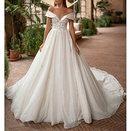 

A-Line Off Shoulder Court Train Lace / Tulle Short Sleeve Plus Size Made-To-Measure Wedding Dresses with Draping 2020