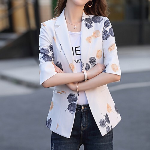 

Women's Blazer, Floral Notch Lapel Polyester White