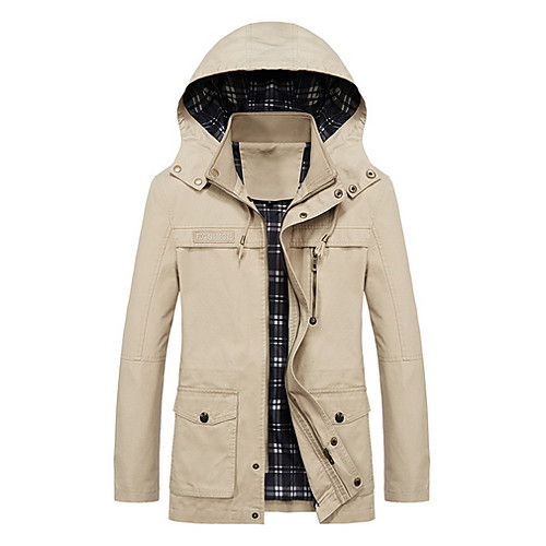 

Men's Daily Long Jacket, Solid Colored Hooded Long Sleeve Polyester Black / Army Green / Green