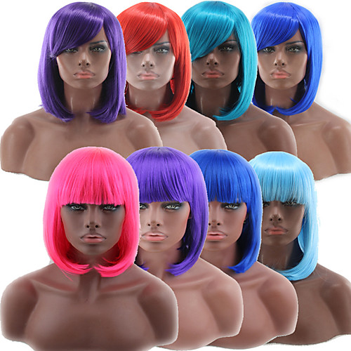 

Synthetic Wig kinky Straight Bob Neat Bang Wig Short Watermelon Red Blonde Pink Blue Green Synthetic Hair 10 inch Women's Best Quality Blue Pink