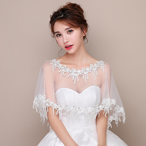 

Short Sleeve Polyester / Lace / Tulle Wedding Women's Wrap With Tassel / Split Joint / Crystals / Rhinestones Capelets