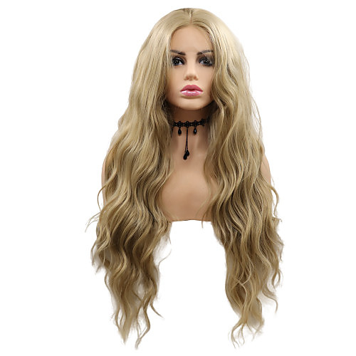 

Synthetic Lace Front Wig Wavy Layered Haircut Lace Front Wig Medium Length Light golden Synthetic Hair 26 inch Women's Party Women Blonde Sylvia