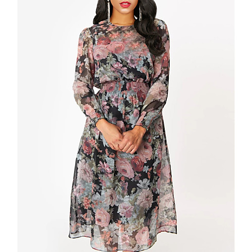 

Women's A Line Dress - Floral Black M L XL XXL