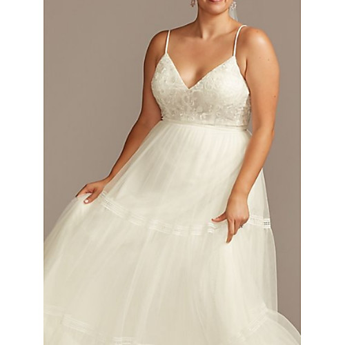 

A-Line V Neck Floor Length Lace / Tulle Spaghetti Strap Plus Size Made-To-Measure Wedding Dresses with Draping 2020