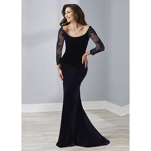 

Sheath / Column Scoop Neck Sweep / Brush Train Velvet Elegant Engagement / Formal Evening Dress 2020 with Beading