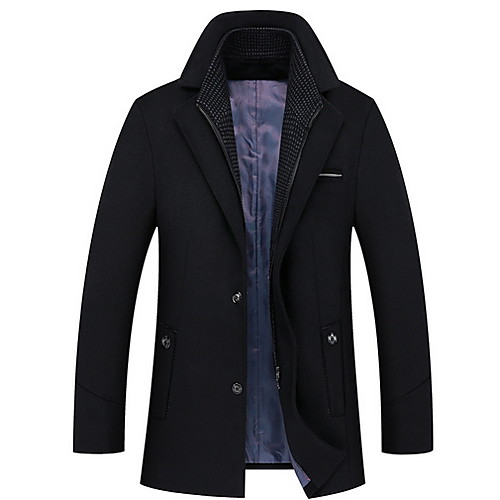 

Men's Daily Long Coat, Solid Colored Turndown Long Sleeve Polyester Black / Navy Blue / Khaki