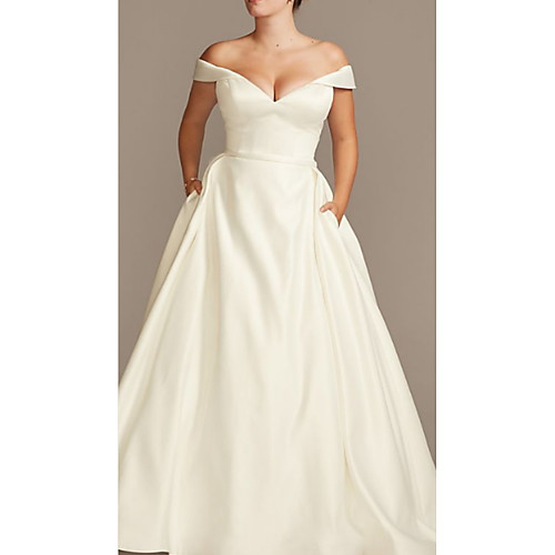 

A-Line Off Shoulder Floor Length Charmeuse Regular Straps Formal Plus Size Made-To-Measure Wedding Dresses with Draping 2020