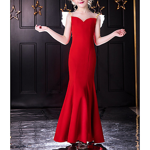 

Mermaid / Trumpet Jewel Neck Floor Length POLY Junior Bridesmaid Dress with Crystals / Ruffles