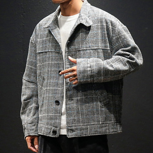

Men's Daily Regular Jacket, Plaid Turndown Long Sleeve Polyester Gray / Khaki