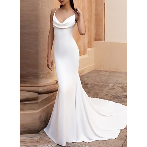 

Mermaid / Trumpet V Neck Court Train Satin Spaghetti Strap Plus Size Made-To-Measure Wedding Dresses with Ruched 2020