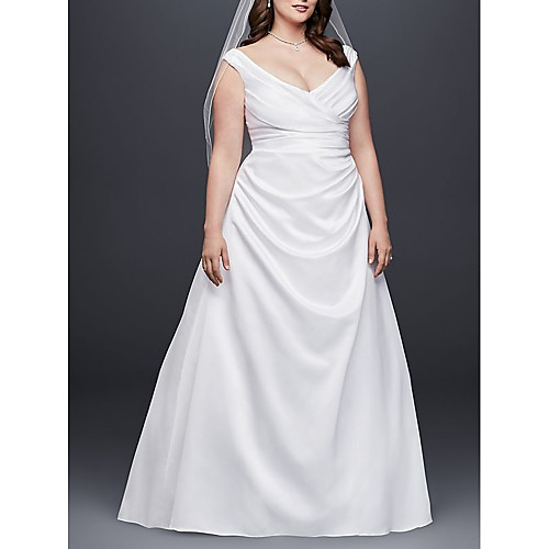 

A-Line V Neck Sweep / Brush Train Satin Regular Straps Plus Size Made-To-Measure Wedding Dresses with Ruched 2020