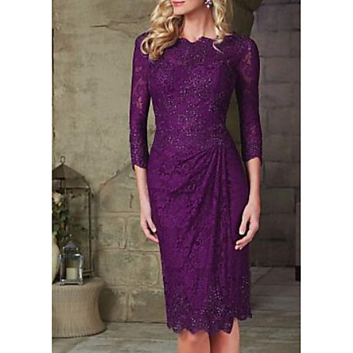 

Sheath / Column Scalloped Neckline Knee Length Lace 3/4 Length Sleeve Plus Size Mother of the Bride Dress with Beading / Lace / Ruching 2020