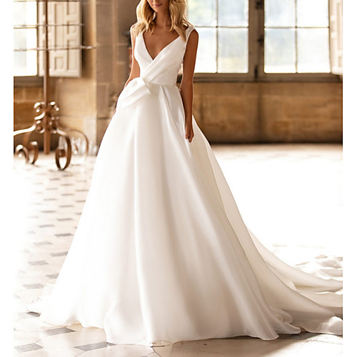 

A-Line V Neck Court Train Satin Regular Straps Plus Size Made-To-Measure Wedding Dresses with Ruched 2020