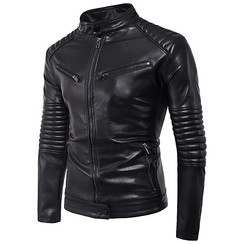 

Men's Sports / Birthday Spring & Summer / Fall & Winter Regular Leather Jacket, Solid Colored Stand Long Sleeve PU Black