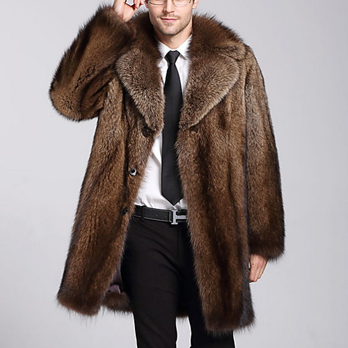 

Men's Daily Long Faux Fur Coat, Solid Colored Turndown Long Sleeve Polyester Brown