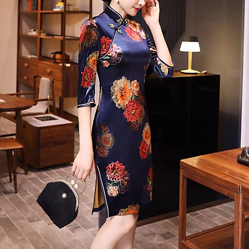 

Women's Elegant Sheath Dress - Floral Blue Red Green S M L XL