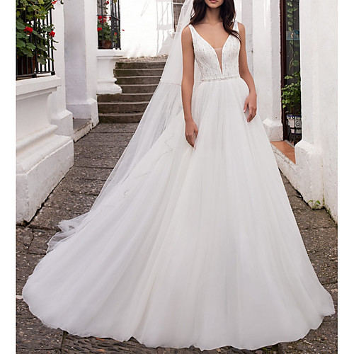 

A-Line V Neck Sweep / Brush Train Tulle Regular Straps Plus Size Made-To-Measure Wedding Dresses with Beading 2020