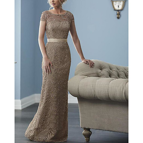 

Sheath / Column Jewel Neck Floor Length Lace / Satin Elegant Engagement / Formal Evening Dress 2020 with Sash / Ribbon