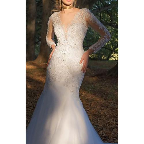 

Mermaid / Trumpet V Neck Court Train Tulle / Charmeuse Long Sleeve Formal Plus Size Made-To-Measure Wedding Dresses with Beading / Appliques / Lace Insert 2020