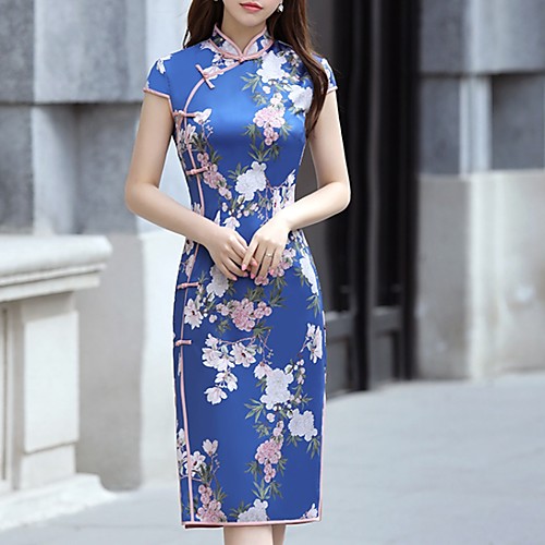 

Women's Elegant Sheath Dress - Floral Army Green Blue Red S M L XL