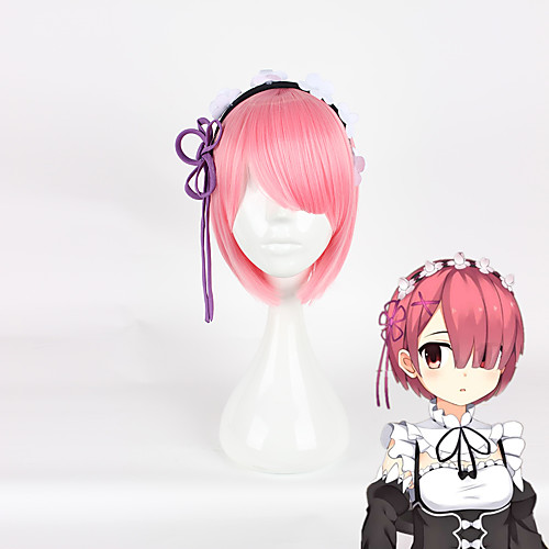 

Re:Zero Starting Life in Another World Rem Ram Cosplay Wigs Women's 14 inch Heat Resistant Fiber Pink Anime