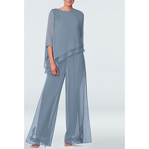 

Pantsuit / Jumpsuit Jewel Neck Floor Length Chiffon 3/4 Length Sleeve Plus Size Mother of the Bride Dress with Draping Mother's Day 2020