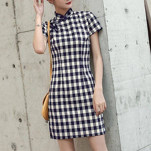 

Women's Elegant Sheath Dress - Plaid Navy Blue S M L XL
